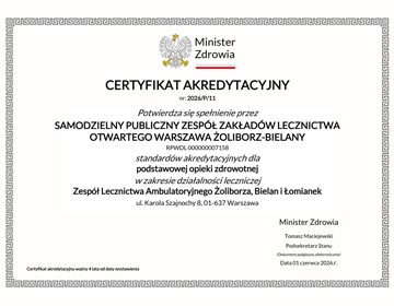Certyfikat akredytacyjny otrzymany dla Podstawowej Opieki Zdrowotnej.